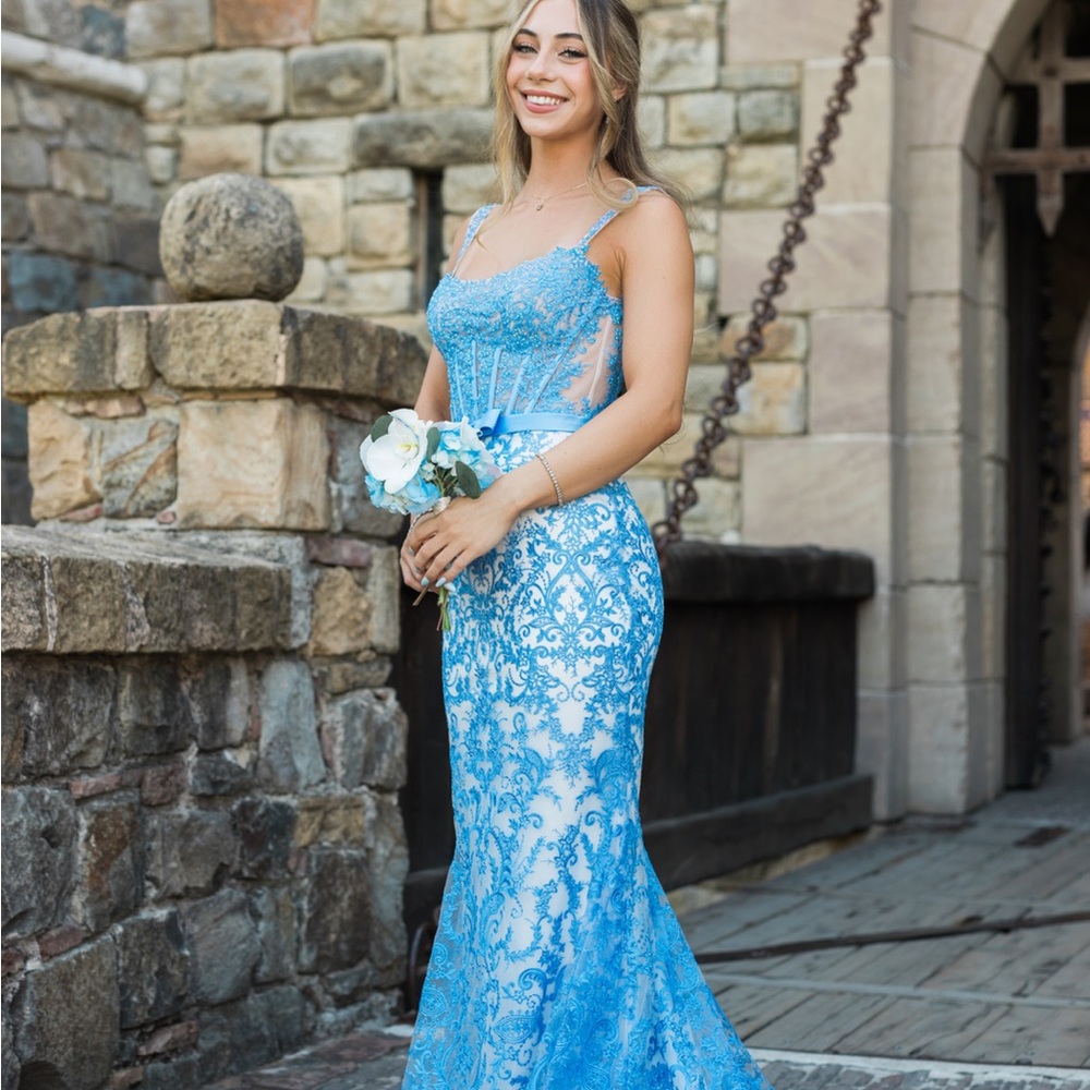 Sherri Hill style 57150 Elegant Blue Lace Evening Gown